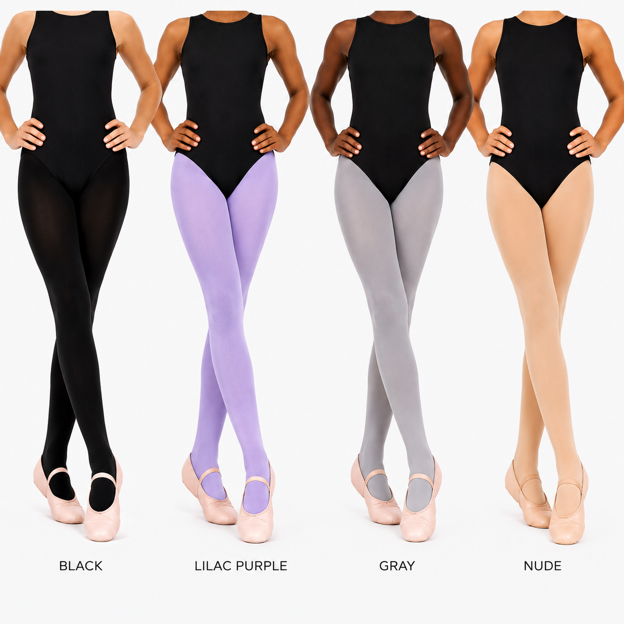 Four dancers shown from the waist down wearing different color options of tights: black, lilac purple, gray, and nude, paired with ballet shoes on a white background with text labels underneath.