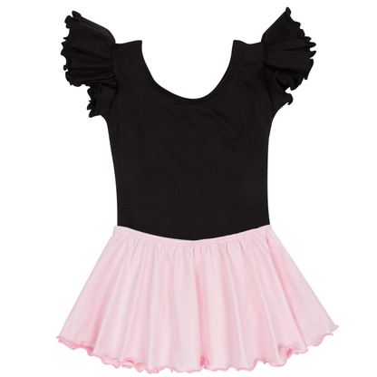 A children's two-piece dance or ballet outfit featuring a black sleeveless leotard top with ruffled cap sleeves and a matching light pink tutu skirt, shown against a plain white background.
