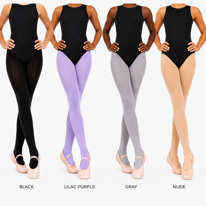 Four dancers shown from the waist down wearing different color options of tights: black, lilac purple, gray, and nude, paired with ballet shoes on a white background with text labels underneath.