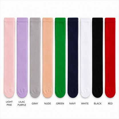 Nine pairs of flat socks shown in vertical color swatches on a white background, labeled from left to right as Light Pink, Lilac Purple, Gray, Nude, Green, Navy, White, Black, and Red.