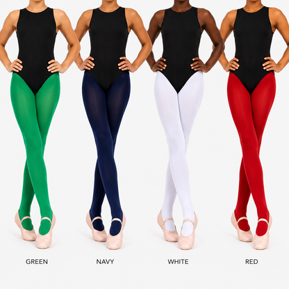 Four models wearing sleeveless leotards and ballet tights in different colors: green, navy, white, and red. Each model is shown from the shoulders down with hands on hips, wearing pointe shoes.