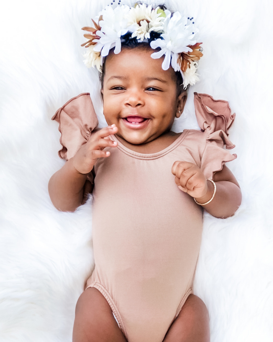 Nude/Beige Leotard with Flutter/Ruffle Short Sleeve for Toddler & Girls