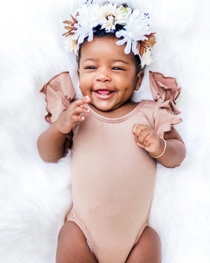 Nude/Beige Leotard with Flutter/Ruffle Short Sleeve for Toddler & Girls